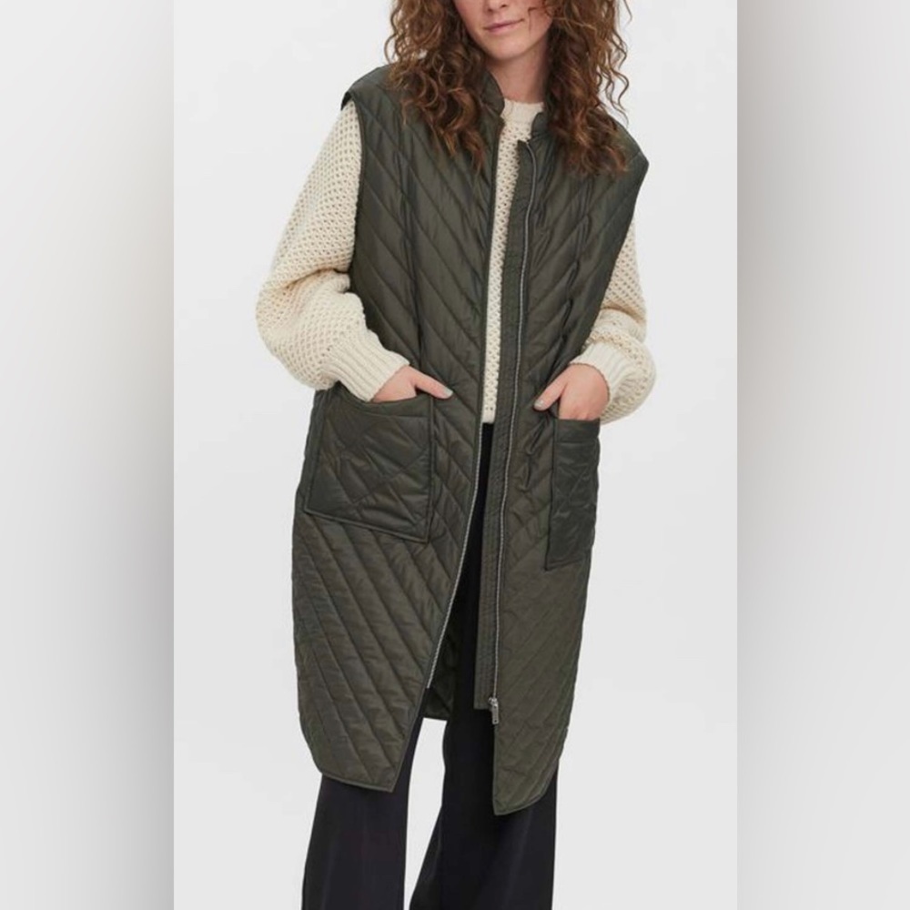 NWT Vero Moda Dixie Long Waistcoat Quilted Stitching Vest in Peat Green Size 16